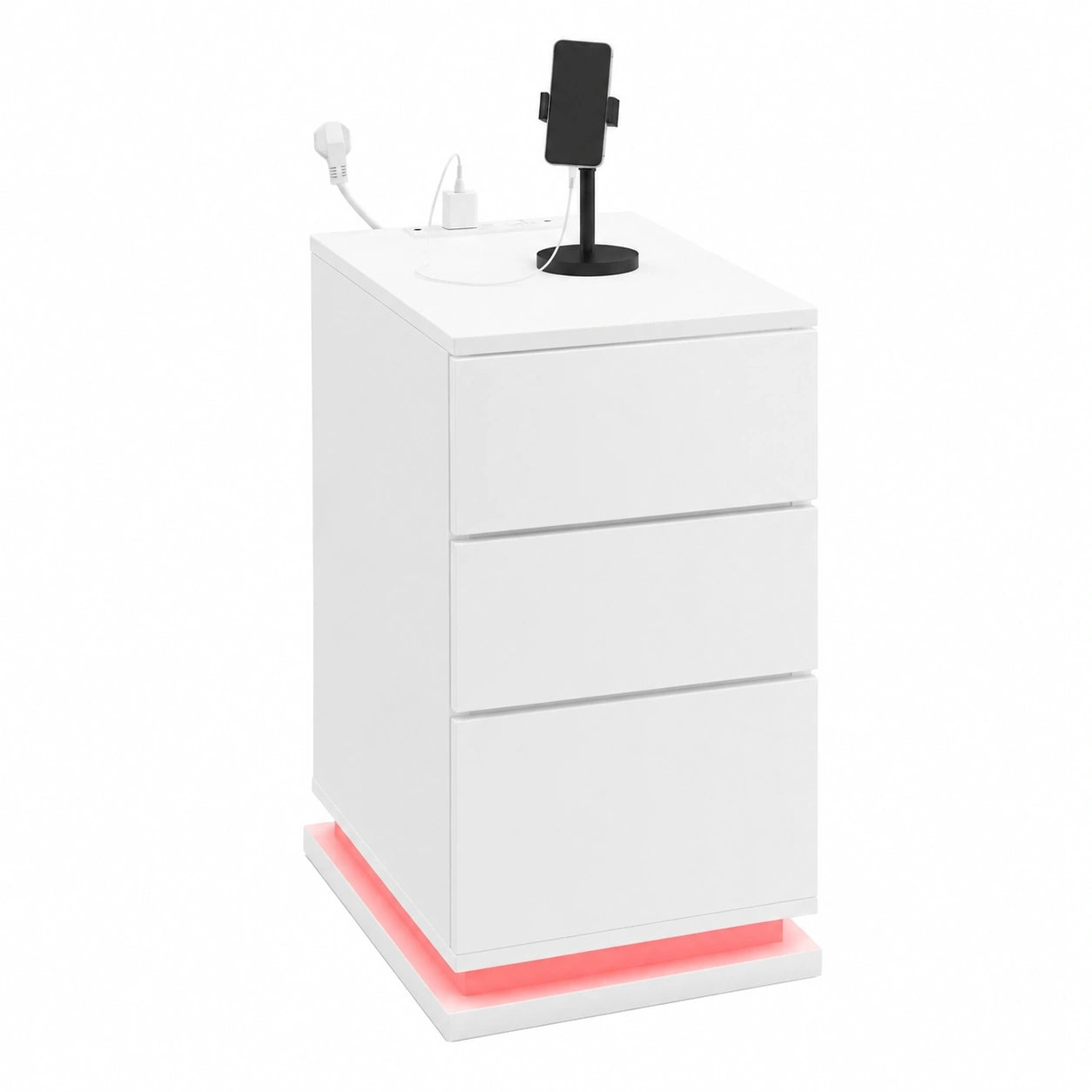 Mesillas de Noche LED con 3 Cajones y Puertos USB, Juego de 2, Diseño Moderno de 16 Colores, Enchufe Integrado
