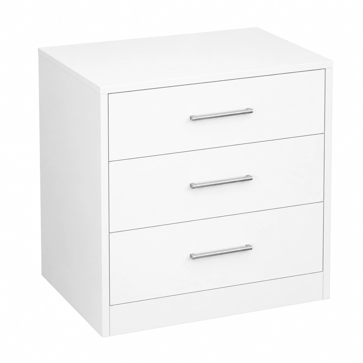 Mesa de Noche Elara de 3 Cajones, Estilo Moderno en MDF Lacado Blanco con Tiradores Cromados