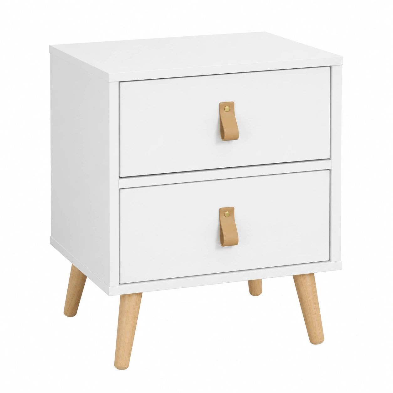 Mesita de Noche Blanca con 2 Cajones y Patas de Madera, Diseño Moderno 50x40x30 cm