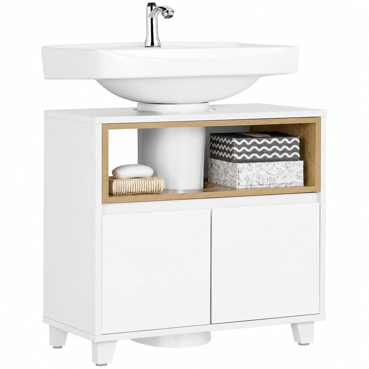 Armario Bajo Lavabo con Puerta y Estantes, Blanco y Madera, 60x30x61 cm