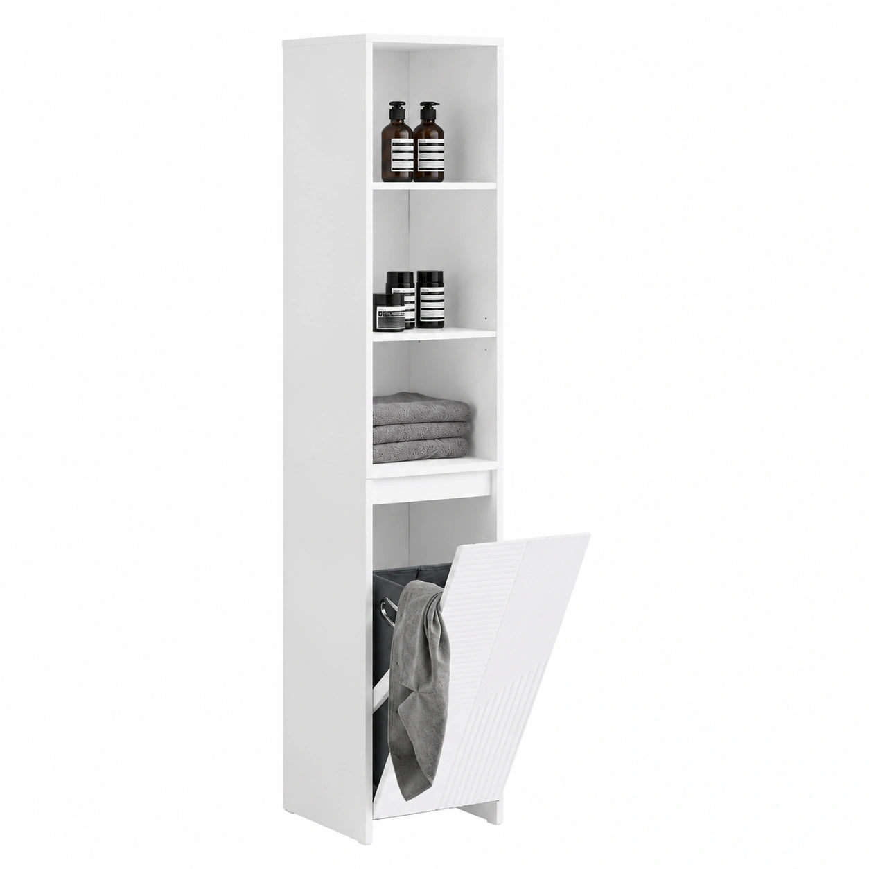 Armario Columna de Baño con Cesto para Ropa - Blanco, Ajustable, Ideal para Espacios Reducidos