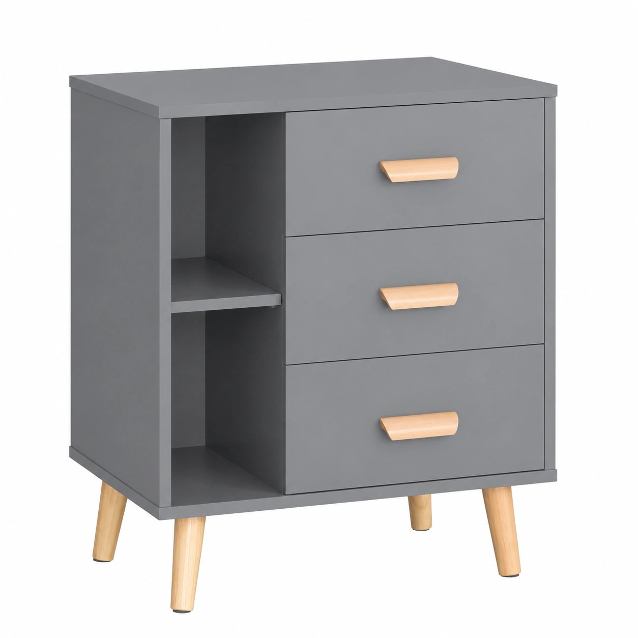 Mesa de Noche Moderna con 3 Cajones y 2 Estantes, 48 x 40 x 60 cm, Gris