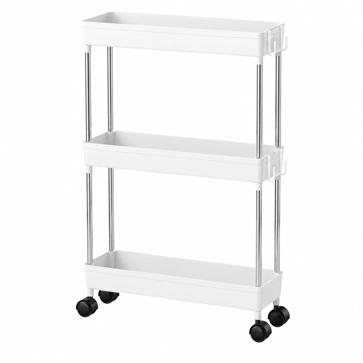 Carrito Auxiliar Multifuncional de 4 Niveles con Ruedas y Ganchos Extraíbles, Ideal para Cocina, Baño, Salón y Oficina, Color Blanco