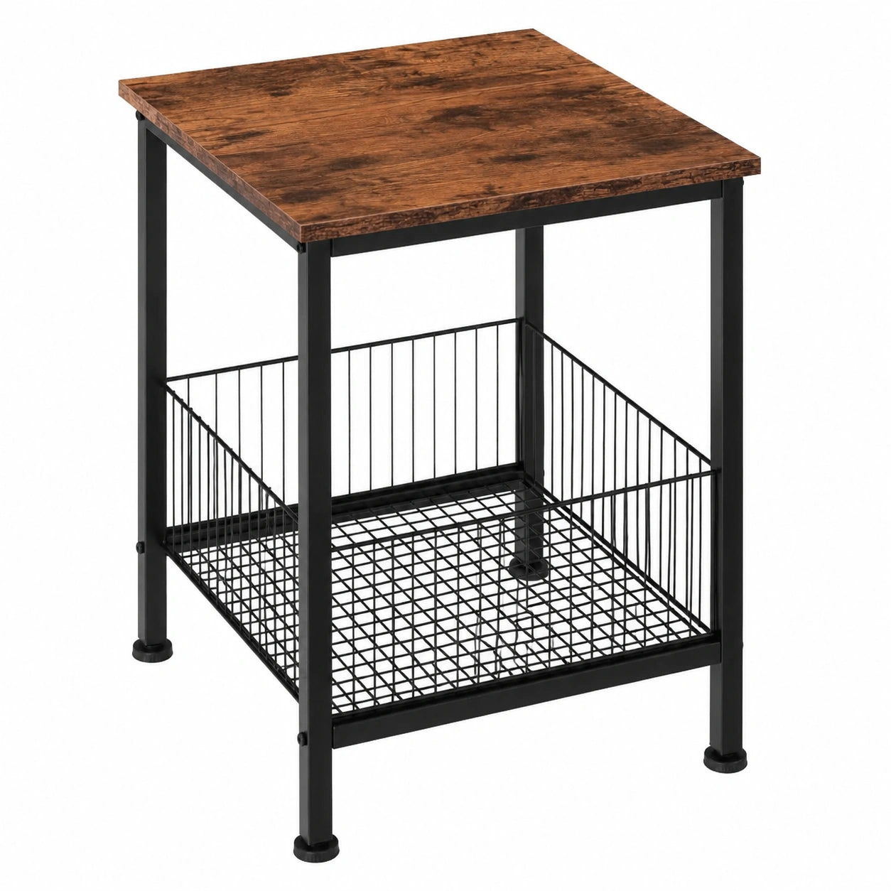 Mesa Auxiliar de Estilo Industrial con Cesta de Rejilla para Sala de Estar u Oficina, Fácil Montaje, 40x40x55,5 cm